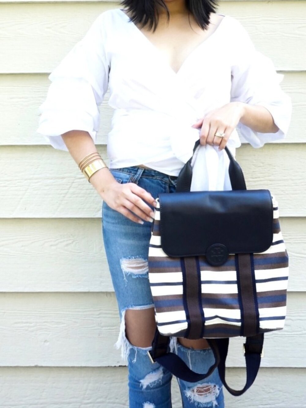 Tory Burch Striped Canvas Leather Flap Backpack Navy Brown Nautical